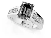 Fancy Black Emerald Cut Diamond Solitaire Ring Set in Silver with Channel-Set Accent Stones and Prong Setting