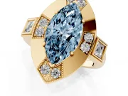 Fancy Blue Marquise Cut Diamond Milgrain Halo Ring Set in Yellow gold with Split Shank