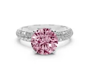 Fancy Pink Round Cut Diamond Solitaire Ring Set in Platinum with Prong Setting and Pavé-Set Band