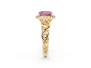 Fancy Pink Radiant Cut Diamond Halo Ring Set in Yellow gold with Scrollwork Band and Prong Setting