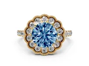 Fancy Blue Round Cut Diamond Milgrain Floral Halo Engagement Ring Set in Yellow gold with Pavé Band