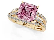 Fancy Pink Asscher Cut Diamond Solitaire Twist Band Ring Set in Yellow gold with Pavé Setting and Prong Head