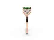 Fancy Green Emerald Cut Diamond Solitaire Ring Set in Rose gold with Cluster Accents on Each Side