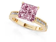 Fancy Pink Princess Cut Diamond Solitaire Ring Set in Yellow gold with Slim Pavé Band and Prong Setting