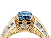 Fancy Blue Emerald Cut Diamond Vintage-Inspired Milgrain Ring Set in Yellow gold with Accent Split Shank