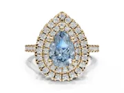 Fancy Blue Pear-Shaped Lab-Grown Diamond Double Halo Statement Ring Set in Yellow Gold with Pavé Band