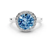 Fancy Blue Round Cut Diamond Halo Ring Set in White gold with Solitaire Band and Prong Setting