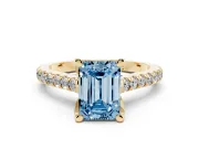 Emerald Cut Hidden Halo Pave Engagement Ring Setting for a Fancy Blue Lab-Grown Diamond | Claw Prongs | Yellow Gold