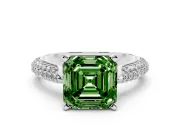 Fancy Green Asscher Cut Diamond Solitaire Engagement Ring Set in Platinum with Multi-Row Round Pavé Band and Prong Setting