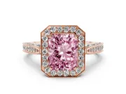 Radiant Cut Milgrain Halo Engagement Ring Setting for a Fancy Pink Lab-Grown Diamond | Side Stones | Rose Gold
