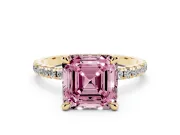 Fancy Pink Asscher Cut Diamond Brilliant Solitaire Ring Set in Yellow gold with Pavé Band and Prong Setting