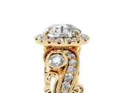 Round Cut Diamond Halo Ring Set in Yellow gold with Milgrain Pavé Band and Prong Setting