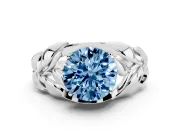 Fancy Blue Round Cut Diamond Leaf-Inspired Engagement Ring Set in Silver with Round Accents