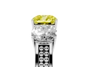 Cushion Cut Three Stone Engagement Ring Setting for a Fancy Yellow Lab-Grown Diamond | Beaded Shoulders | Platinum