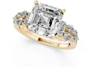 Asscher Cut Side Stone Engagement Ring Setting | Two-Row Shoulder Clusters | Yellow Gold