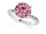 Fancy Pink Round Cut Diamond Brilliant Solitaire Ring Set in White gold with Pavé Band and Prong Setting