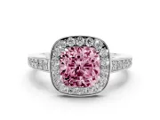 Fancy Pink Cushion Cut Diamond Halo Pavé Engagement Ring Set in White gold with Bezel Setting