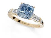 Cushion Cut Tapered Baguette Engagement Ring Setting for a Fancy Blue Lab-Grown Diamond | Bar Set Sides | Yellow Gold
