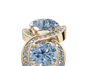 Round Three Stone Halo Engagement Ring Setting for a Fancy Blue Lab-Grown Diamond | Pavé Wave Band | Yellow Gold