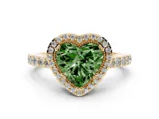 Fancy Green Heart Cut Diamond Halo Engagement Ring Set in Yellow gold with Milgrain Detail and Pavé Band