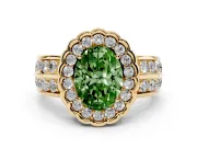 Fancy Green Oval Cut Diamond Scalloped Halo Ring Set in Yellow gold with Pavé Split Shank