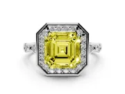 Asscher Cut Halo Engagement Ring Setting for a Fancy Yellow Lab-Grown Diamond | Bezel Station Shoulders | White Gold