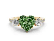 Fancy Green Heart Cut Diamond Three-Stone Ring Set in Yellow gold with Pavé Band and Graduated Sides