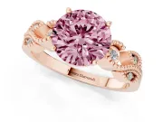 Fancy Pink Round Cut Diamond Milgrain Leaf Band Solitaire Ring Set in Rose gold with Accent Stones and Prong Setting