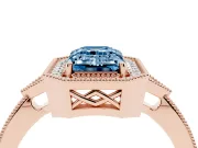 Fancy Blue Emerald Cut Diamond Halo Engagement Ring Set in Rose gold with Milgrain Pavé Band