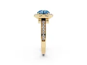 Fancy Blue Round Cut Diamond Halo Solitaire Ring Set in Yellow gold with Pavé Band and Bezel Setting