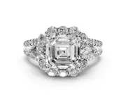 Asscher Cut Diamond Halo Split Shank Engagement Ring Set in Silver with Prong-Held Center Stone
