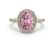 Fancy Pink Oval Cut Diamond Pavé Band Halo Engagement Ring Set in Yellow gold with Prong Setting