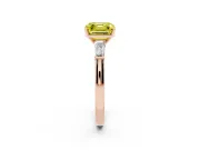 Fancy Yellow Asscher Cut Diamond Solitaire Ring Set in Rose gold with Tapered Baguette Side Stones and Prong Setting