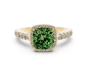 Fancy Green Cushion Cut Diamond Halo Engagement Ring Set in Yellow gold with Pavé Band and Prong Setting