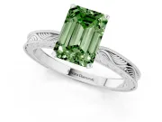 Fancy Green Emerald Cut Diamond Solitaire Milgrain Engraved Band Set in White gold with Prong Setting