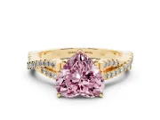 Fancy Pink Heart Cut Diamond Solitaire Engagement Ring Set in Yellow gold with Twisted Pavé Band and Prong Setting
