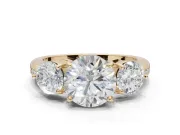 Round Three Stone Engagement Ring Setting | Tapered Pave Band | Yellow Gold