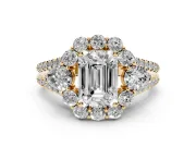 Emerald Cut Scalloped Halo Engagement Ring Setting | Pear Side Stones | Yellow Gold
