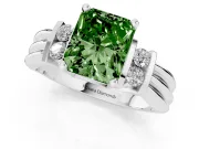 Fancy Green Three-Stone Radiant Cut Diamond Channel Set Ring Set in White gold with Bar Prongs