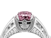 Fancy Pink Emerald Cut Diamond Vintage-Inspired Milgrain Ring Set in White gold with Accent Split Shank