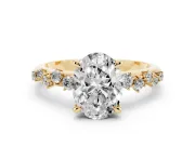Oval Cut Diamond Solitaire Vine Band Ring Set in Yellow gold with Round Accents and Prong Setting
