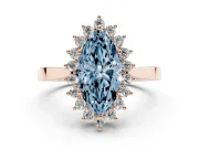 Fancy Blue Marquise Cut Diamond Halo Ring Set in Rose gold with Round Halo and Smooth Solitaire Band