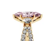 Fancy Pink Marquise Cut Diamond Three-Stone Ring Set in Yellow gold with Pavé Split Shank and Prong Setting