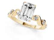 Emerald Cut Diamond Solitaire Ring Set in Yellow gold with Ribbon Twist Band, Round Accents and Prong Setting