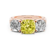 Fancy Yellow Cushion Cut Diamond Three-Stone Ring Set in Rose gold with Textured Band