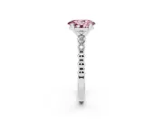 Fancy Pink Oval Cut Diamond Solitaire Engagement Ring Set in White gold with Bezel Accents on Beaded Band