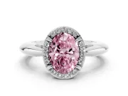 Fancy Pink Oval Cut Diamond Halo Engagement Ring Set in Silver with Plain Split Shank and Prong Setting
