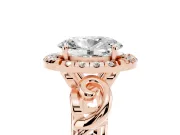 Oval Cut Diamond Halo Ring Set in Rose gold with Scrollwork Band and Prong Setting