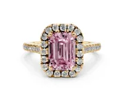 Emerald Cut Halo Engagement Ring Setting for a Fancy Pink Lab-Grown Diamond | Tapered Band | Yellow Gold