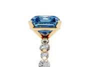 Fancy Blue Asscher Cut Diamond Prong Set Engagement Ring Set in Yellow gold with Round Accent Pavé Band